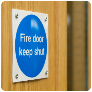 Fire door maintenance technician checking door alignment